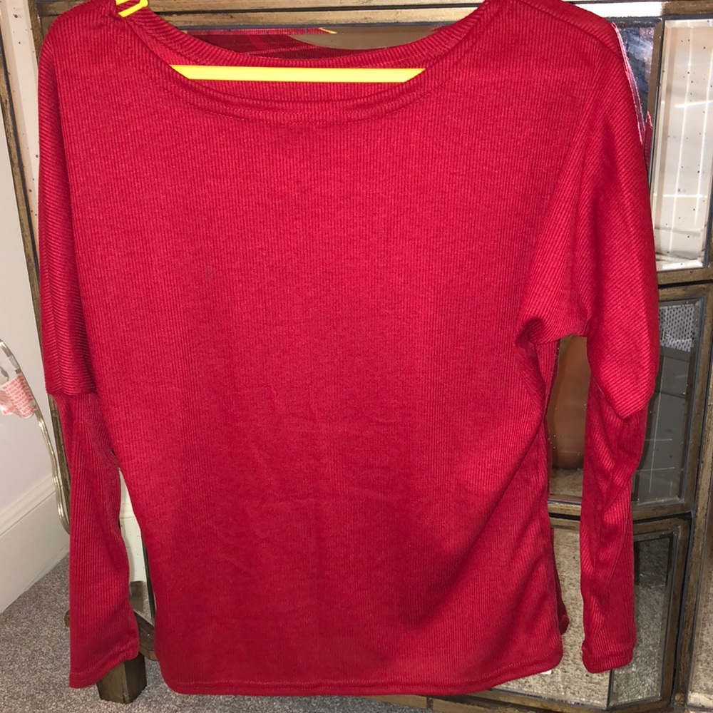 Red Slouch Shoulder Long Sleeve Top